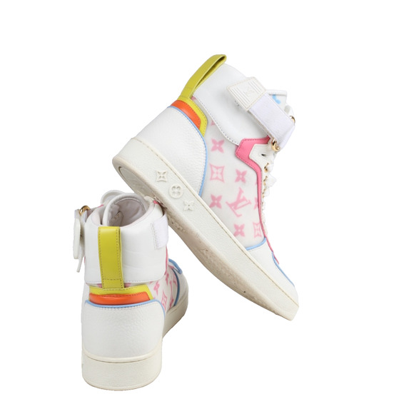 Louis Vuitton Lace Up Boombox High Top Sneakers Blue Pink White Leather LV Sz 37 - Picture 10 of 15